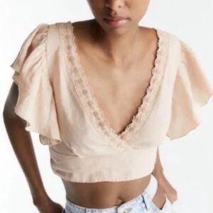 Zara Linen Pink Cropped Flutter Top - Size Small